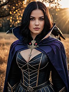 Woman in Realistic Raven Branwen Cosplay Costume with Crow Outdoors