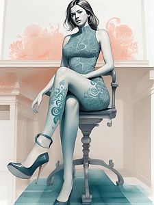 Stylish Woman with Floral Tattoos on Vintage Chair