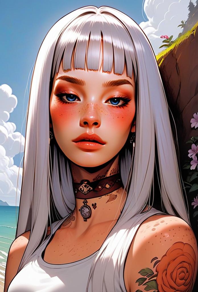 Portrait of a Young Woman with Silvery Hair and Ocean Background