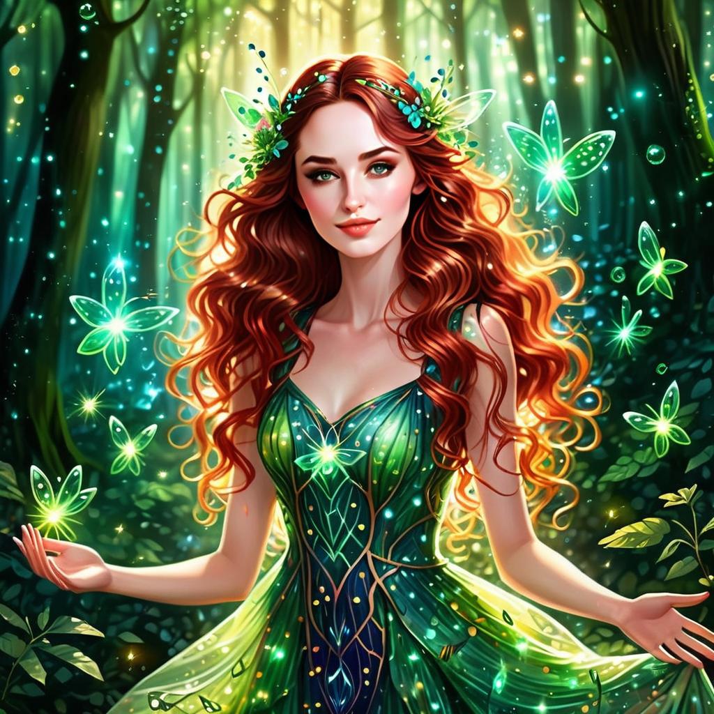 Red-haired Woman in Enchanted Forest with Glowing Butterflies