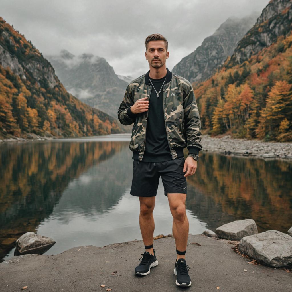 Stylish man at serene lake in autumn