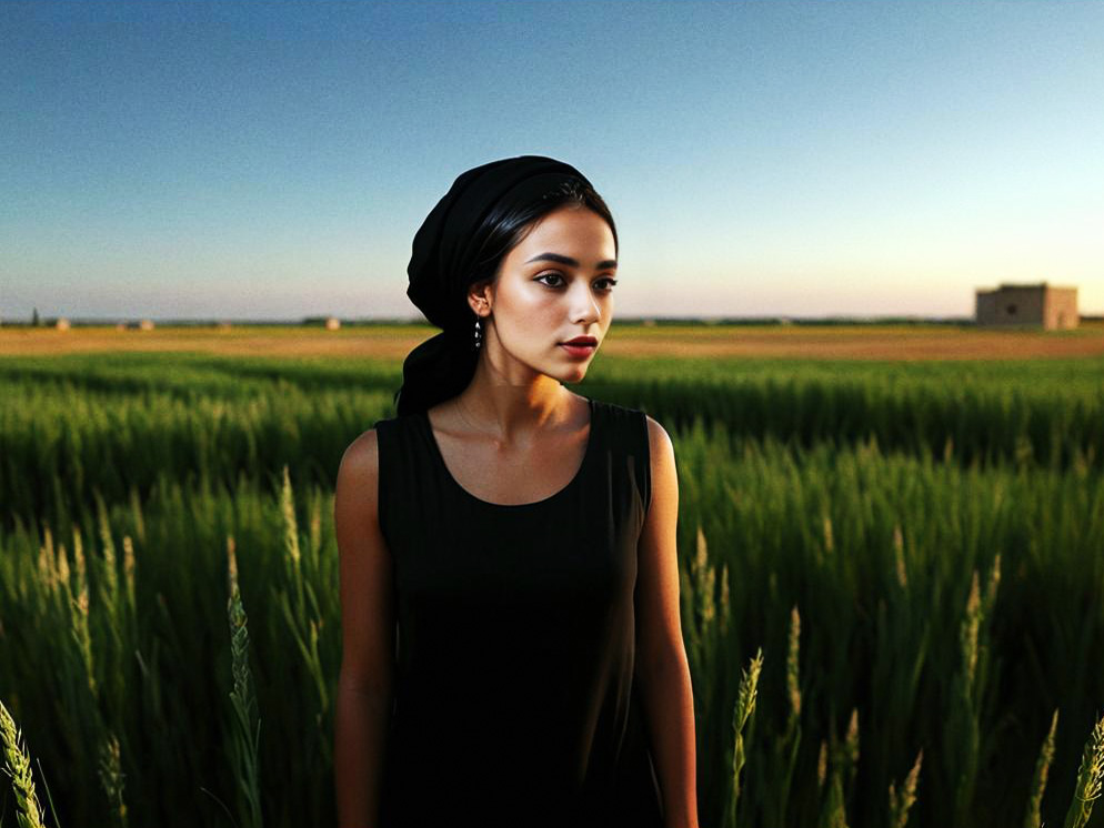 Contemplative Woman in Green Fields