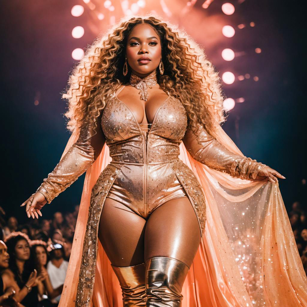 Confident Woman in Gold Bodysuit and Thigh-High Boots on Runway