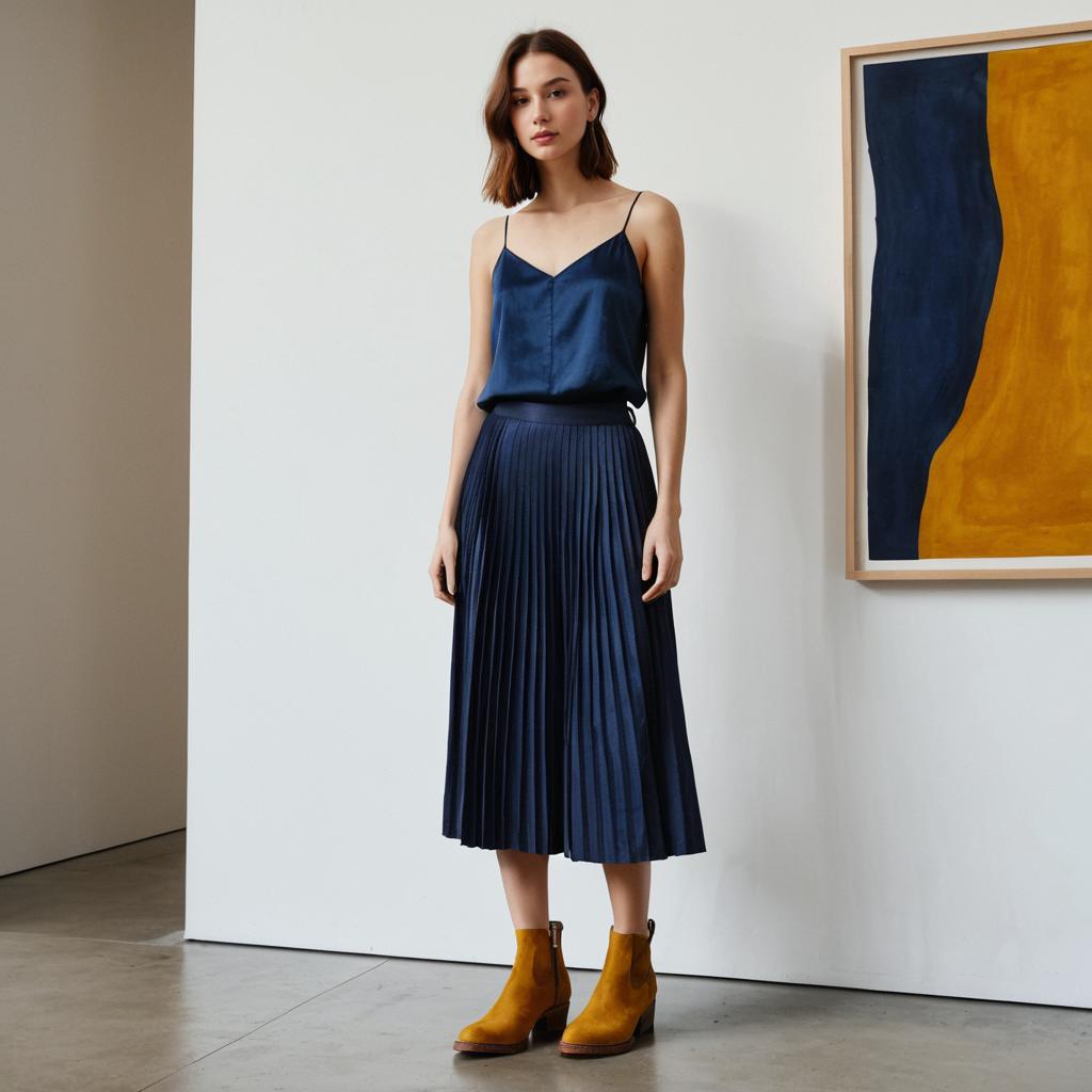 Woman in Navy Blue Satin Camisole and Pleated Skirt with Mustard Ankle Boots Indoor Fashion
