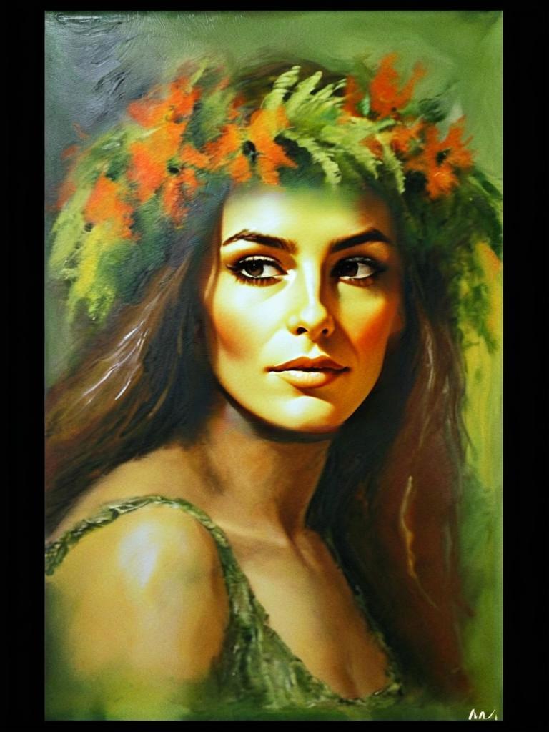 Oil Painting of Woman with Floral Crown in Green Setting