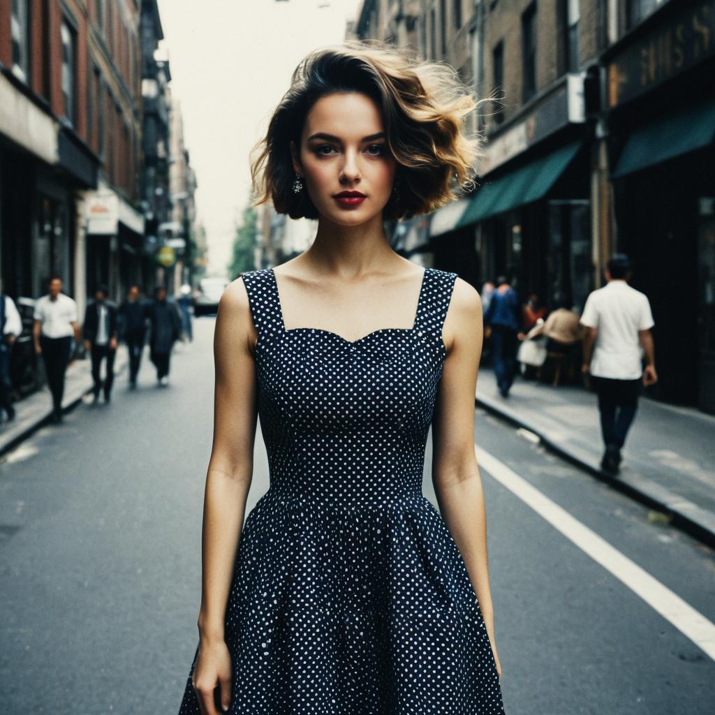 Young Woman in Navy Polka-Dot Dress Standing on Urban Street