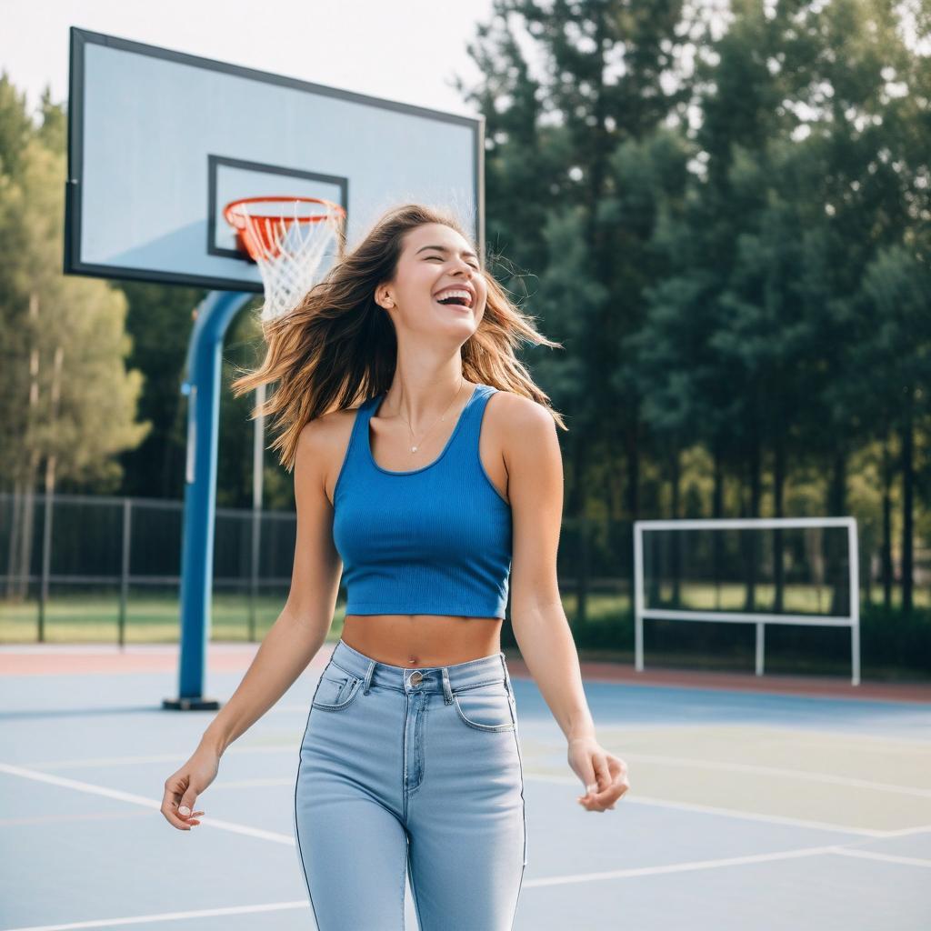 Joyful Woman Laughing on Basketball Court