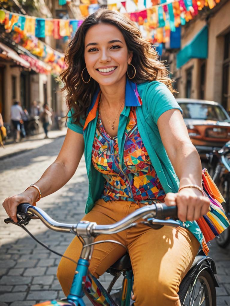 Joyful woman biking on sunny, flag-adorned street