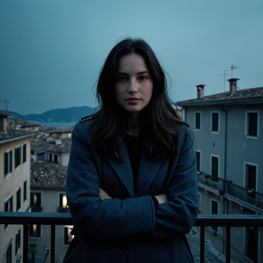 Moody Evening Portrait of Woman on Balcony Overlooking European Town