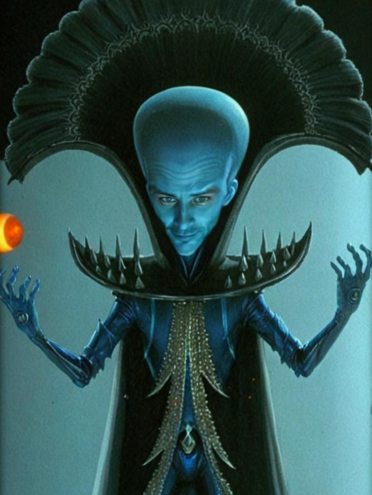 Person in Megamind Costume with Blue Head and Space Attire