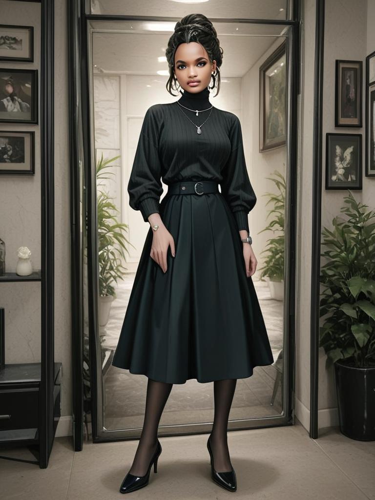 Classic Elegance Woman in Ribbed Black Turtleneck and Flared Midi Skirt Full Body Portrait