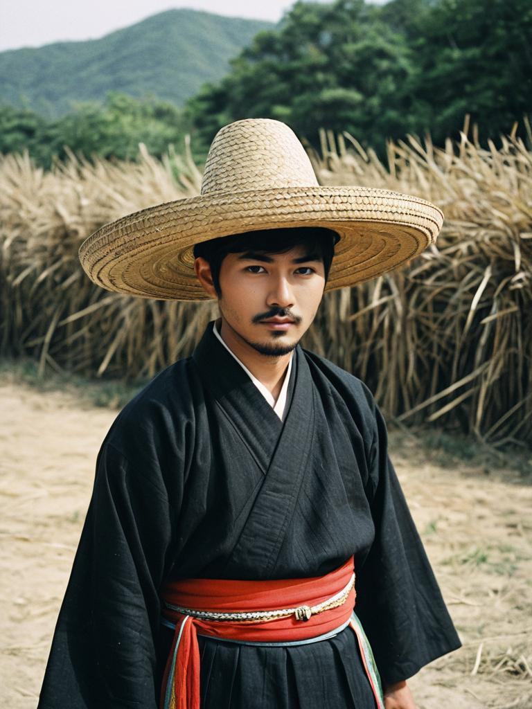 Young Man Wearing Mexican Straw Hat and Traditional Korean Outfit