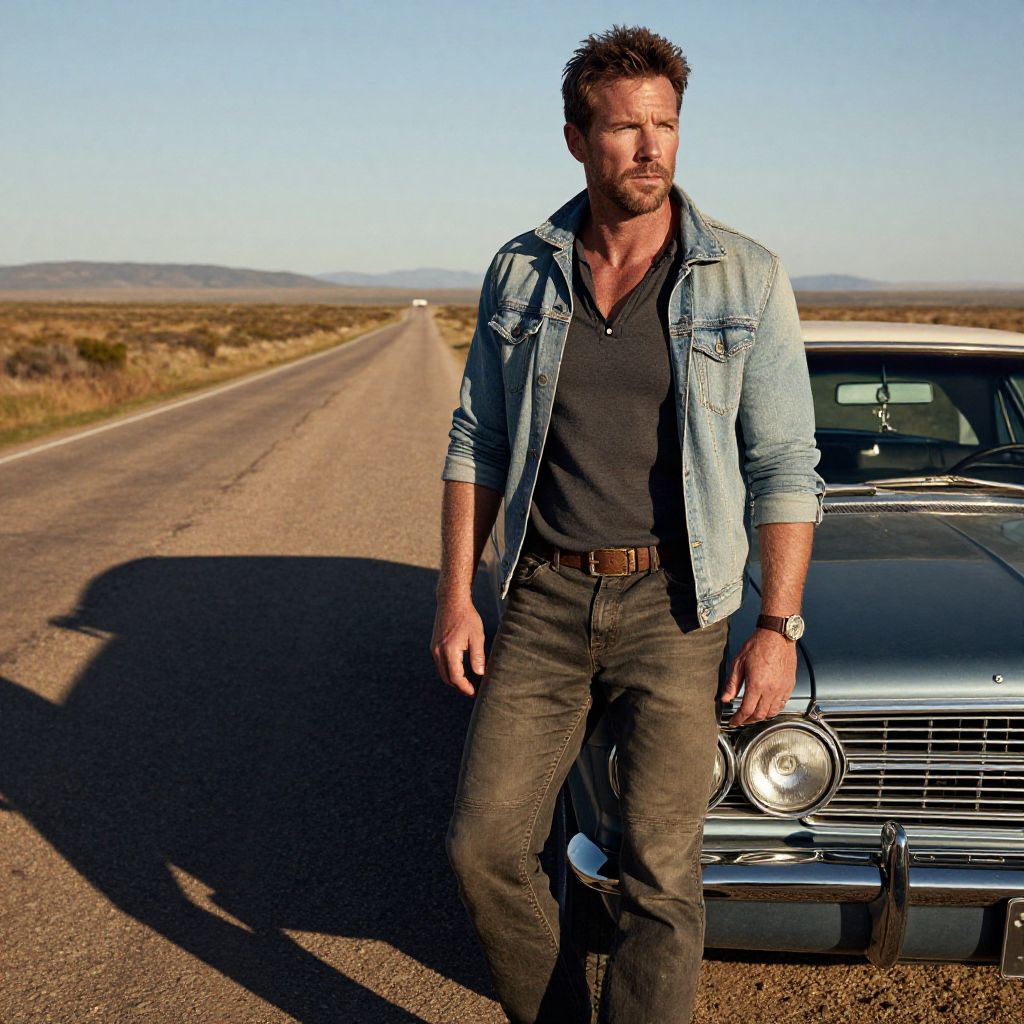 Man Leaning on Vintage Car on Open Road in Americana Style