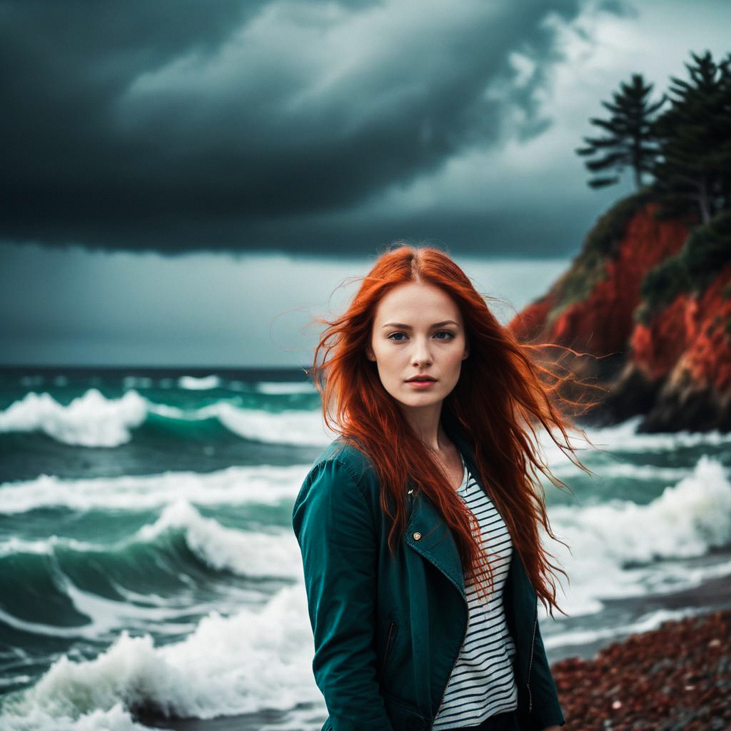 Red-haired Woman on Rocky Beach with Stormy Ocean