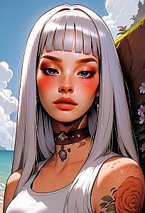 Portrait of a Young Woman with Silvery Hair and Ocean Background