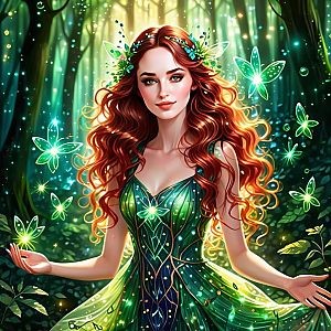 Red-haired Woman in Enchanted Forest with Glowing Butterflies