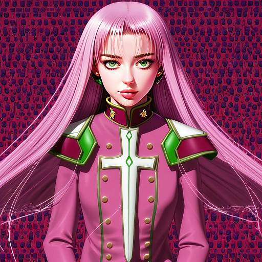 Anime Woman with Pink Hair and Military Uniform in Vibrant Digital Art