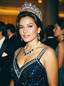 Elegant Woman in Sparkling Blue Gala Outfit with Tiara at Formal Gala Event