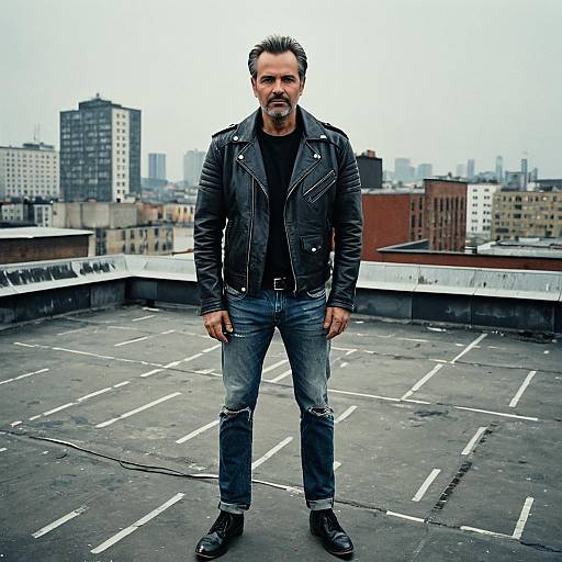 Middle-Aged Man in Leather Jacket on Urban Rooftop