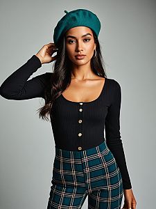 Woman Wearing Black Ribbed Bodysuit with Scoop Neckline and Plaid Pants with Teal Beret