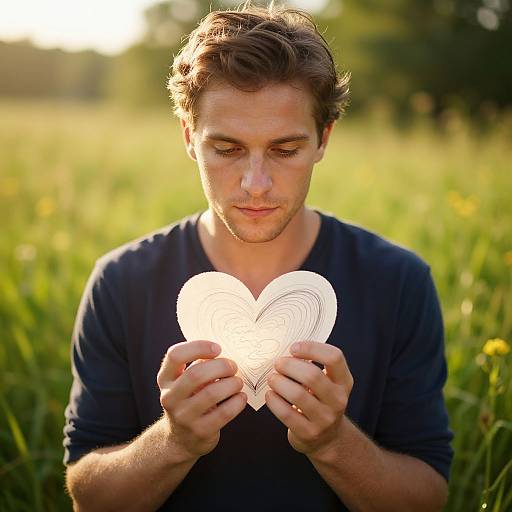 Young Man Holding Paper Heart in Sunlit Meadow
