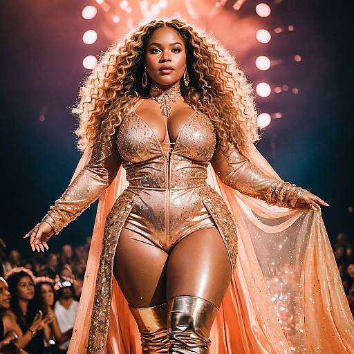 Confident Woman in Gold Bodysuit and Thigh-High Boots on Runway