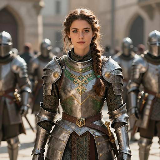 Medieval Woman Knight in Ornate Armor Leading Armored Soldiers