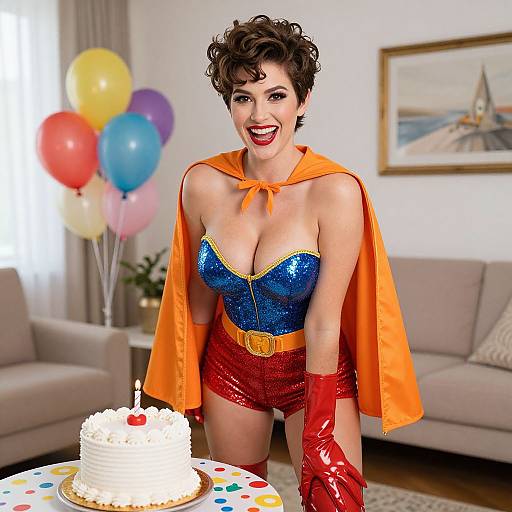 Woman in Colorful Superhero Costume Celebrating Birthday with Cake and Balloons
