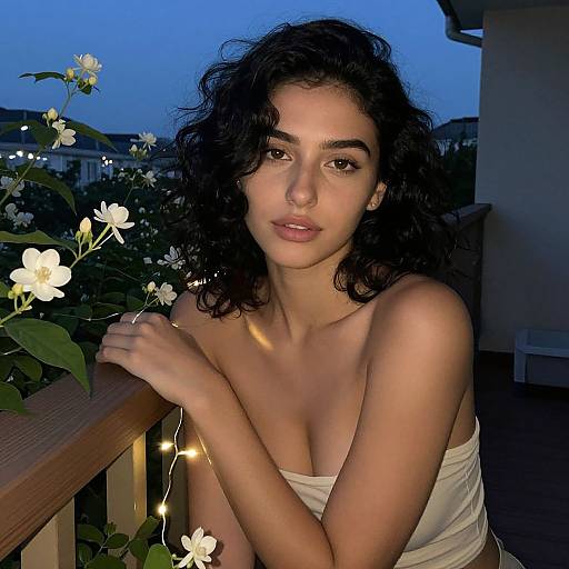 Serene Evening Portrait of Woman on Balcony with Flowers and Fairy Lights