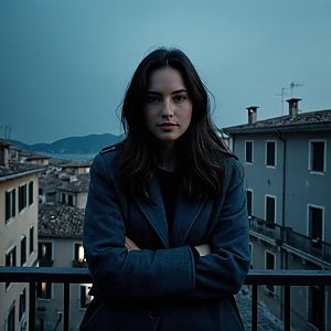 Moody Evening Portrait of Woman on Balcony Overlooking European Town