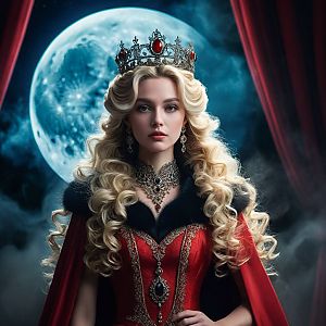 Regal Woman in Red Gown Under Full Moon