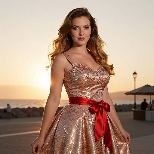 Woman in Rose Gold Sequin Dress with Red Bow at Sunset