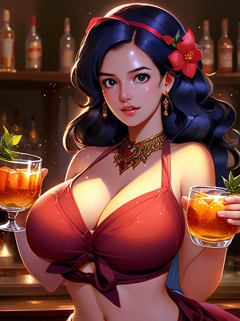 Woman with Dark Hair and Red Flower Headband at a Bar