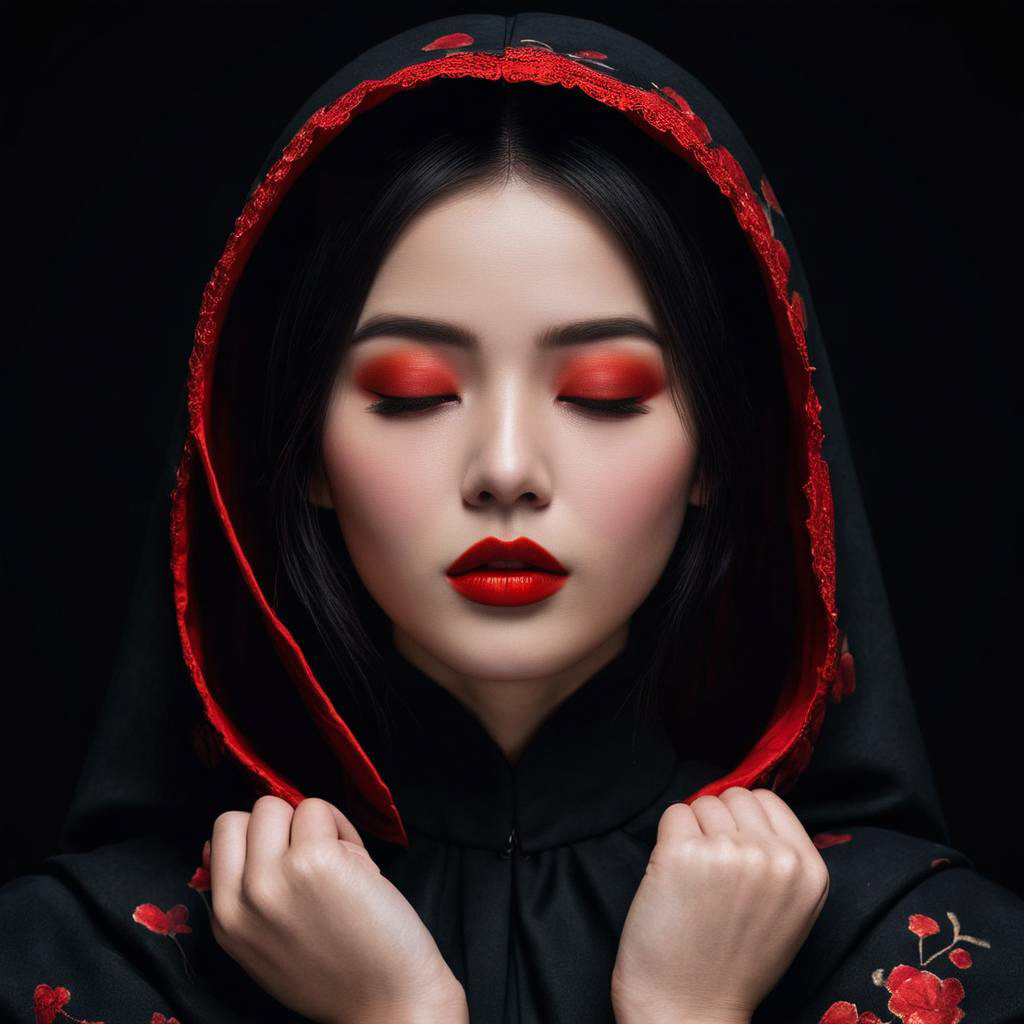 Woman with Red Makeup in Black Hooded Garment