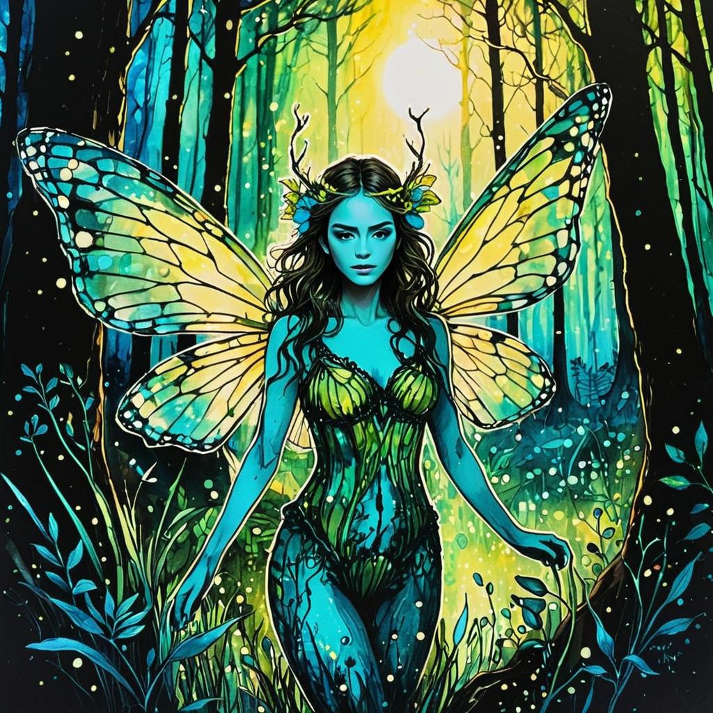 Mystical Woman with Butterfly Wings in Enchanted Forest Digital Art