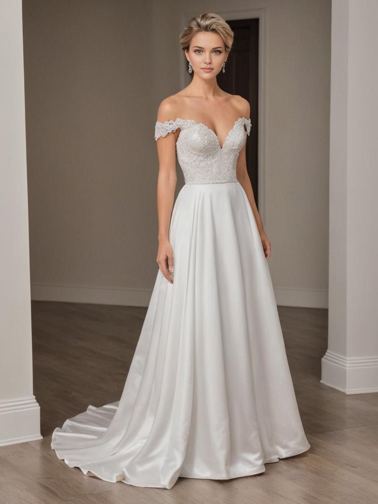 Elegant Off-Shoulder Wedding Gown with Lace Detailing