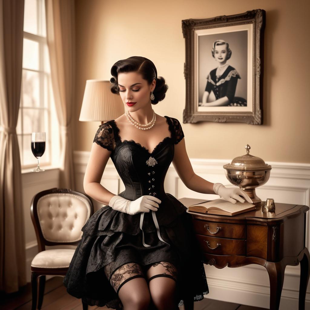 Vintage 1950s Woman in Elegant Black Lace Dress Reading by Antique Side Table