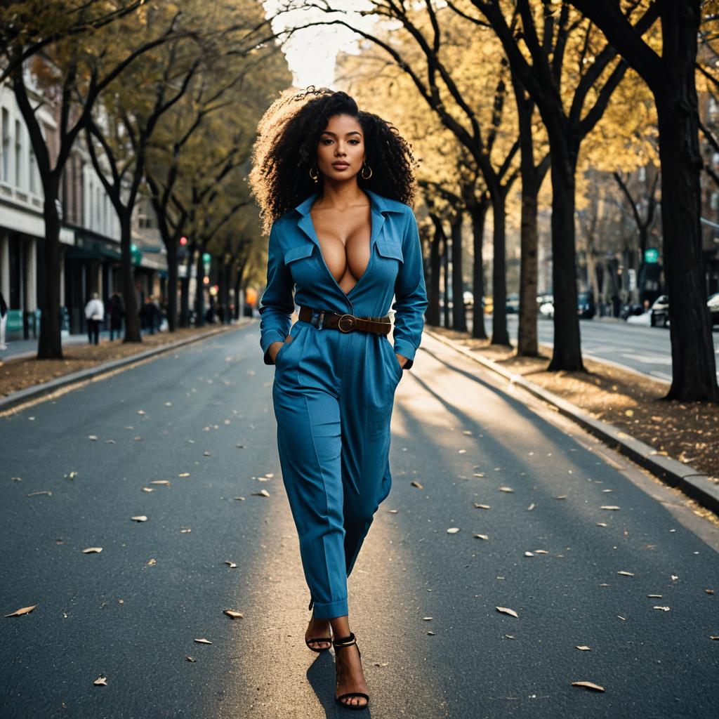 Confident Woman in Blue Jumpsuit Walking on Autumn City Street