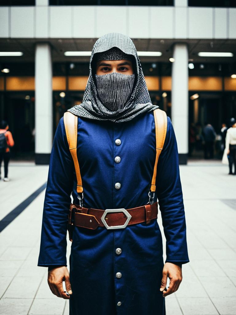 Man in Realistic Ibn La’Ahad Cosplay Costume with Blue Coat and Mask