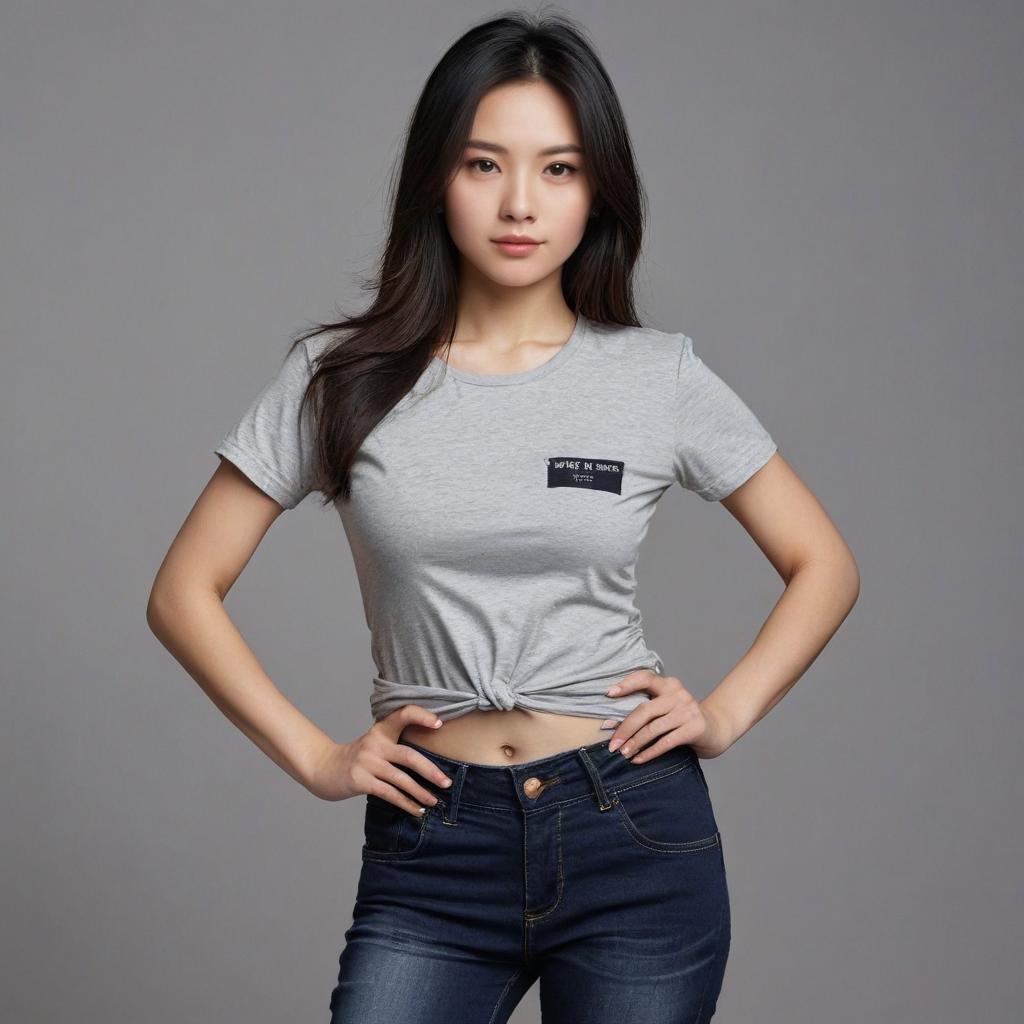 Young Woman in Casual Grey T-Shirt and Jeans Studio Portrait