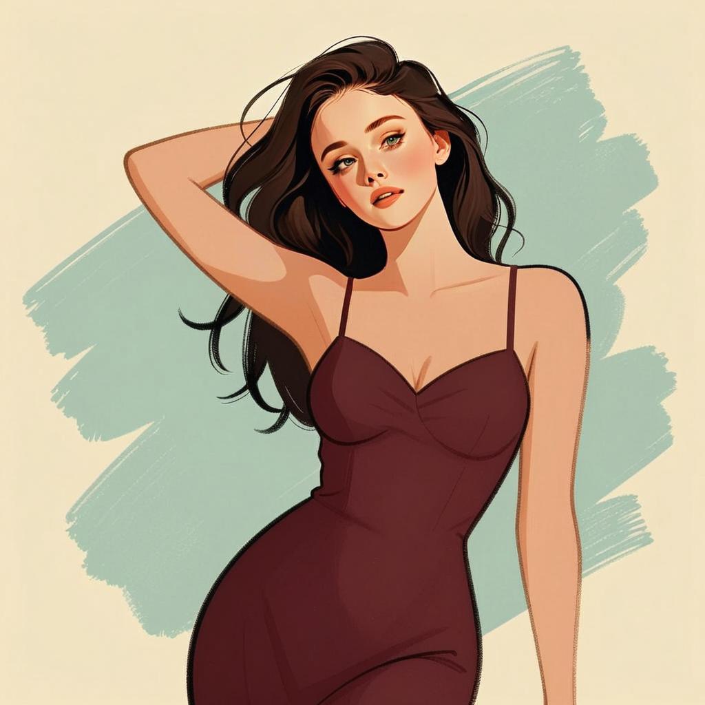Elegant Woman in Dark Maroon Dress Digital Illustration