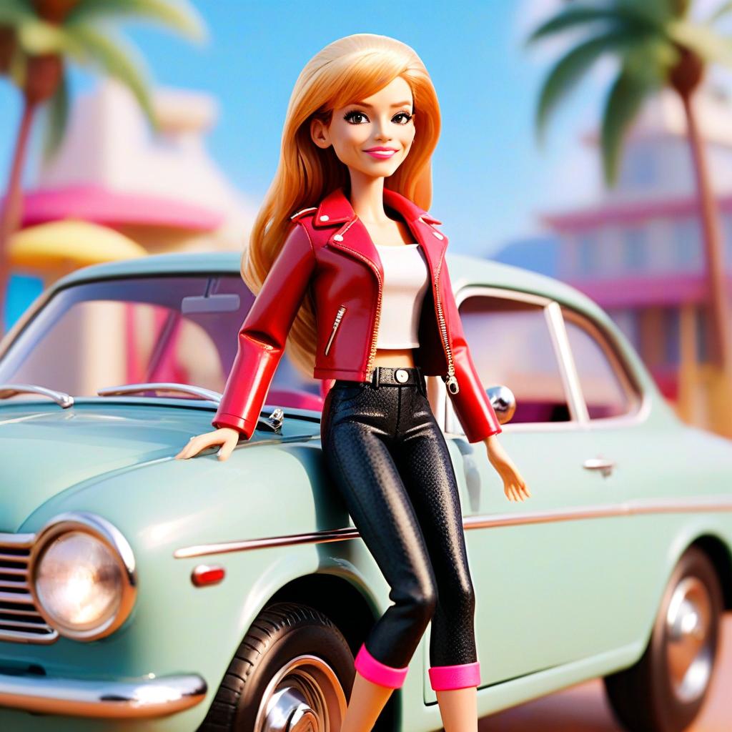 Stylish Woman in Red Jacket Posing by Vintage Car with Palm Trees