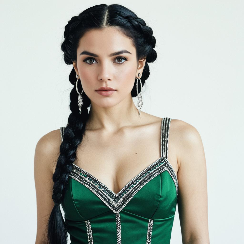 Elegant Young Woman in Green Satin Dress with Braided Hair