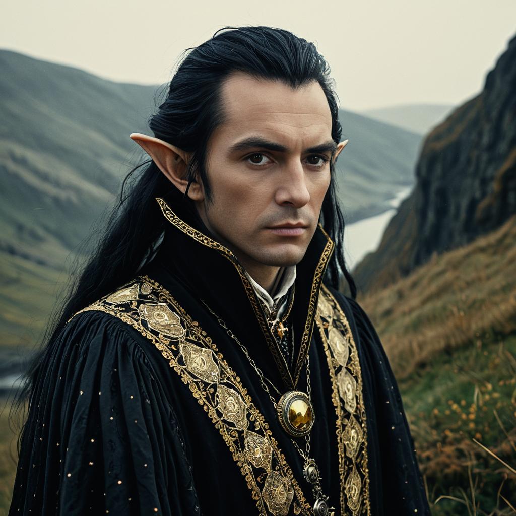 Fantasy Elf Man in Ornate Black and Gold Cloak Amid Mountain Landscape