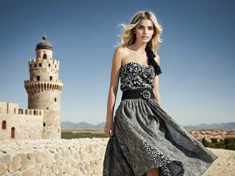 Elegant Woman in Fashionable Dress by Historical Tower