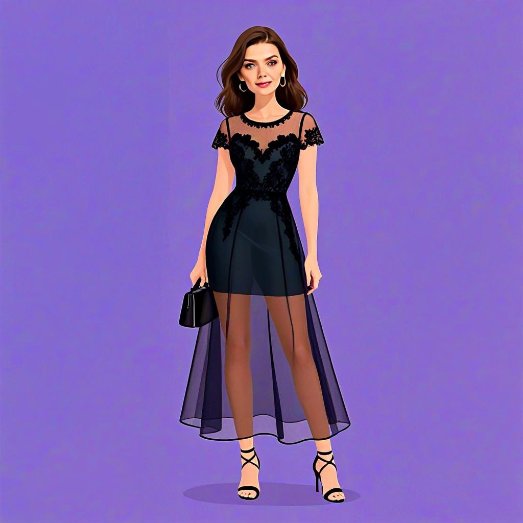 Elegant Sheer Black Mesh Short Sleeve Dress with Fitted Bodice and Flowing A-line Skirt