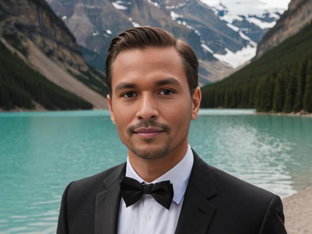 Sophisticated Man in Black Tie Against Mountain Landscape