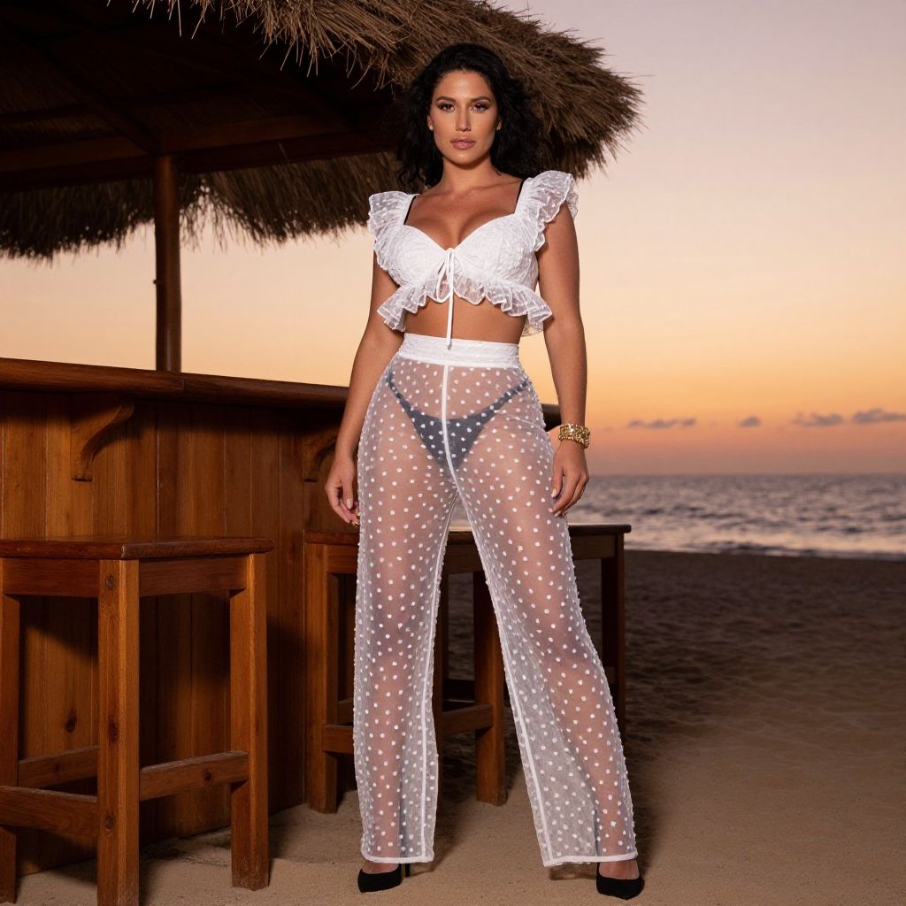 Confident Woman in Sheer Polka Dot Pants and Ruffled Crop Top at Beach Sunset