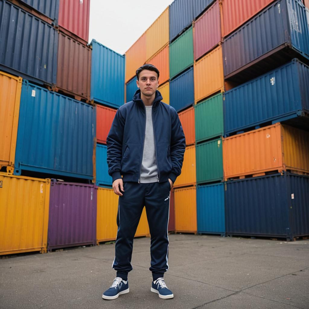 Confident man with colorful shipping containers backdrop