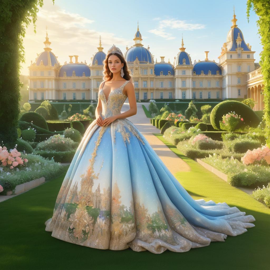 Elegant Woman in Pastel Ball Gown in Lush Garden